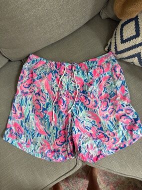 Lilly Pulitzer Pink, Blue & Aqua Abstract Print Swim Trunks